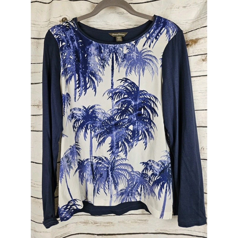 Tommy Bahama 100% Silk Mixed Media Tunic Top M Tropical Palm Tree Coastal